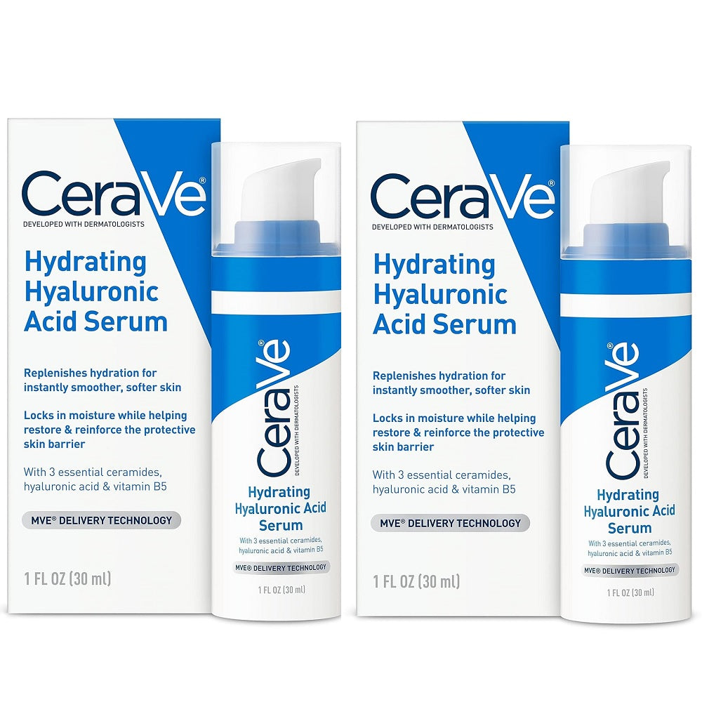 2 Pack Cerave Hyaluronic Acid Serum for Face with Vitamin B5 and Ceramides, Hydrating Face Serum for Dry Skin, Fragrance Free, 1 Ounce